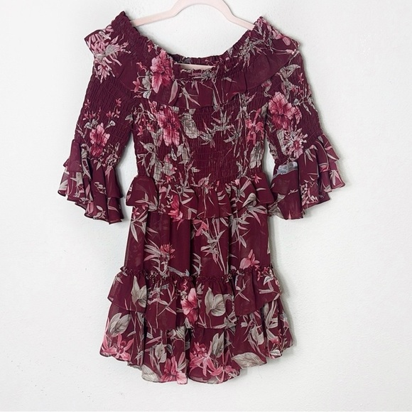 MISA Los Angeles Rima Mini Dress in Floral Burgundy Off the Shoulder Ruffle sz M - Picture 13 of 13